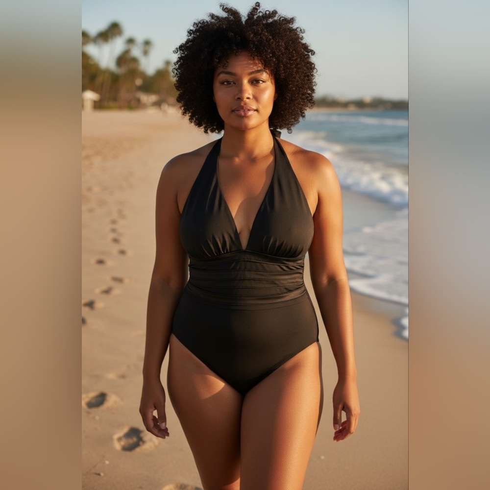 Miraclesuit Black Halter One-Piece Swimsuit Sz 16 Mesh Stripe Panel SW44